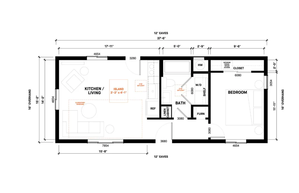 A floor plan for a small house with two bedrooms and a bathroom.